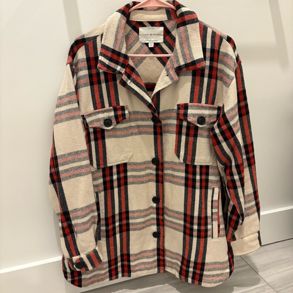 Lucky Women's Plaid Button Up Shacket - Red and Cream